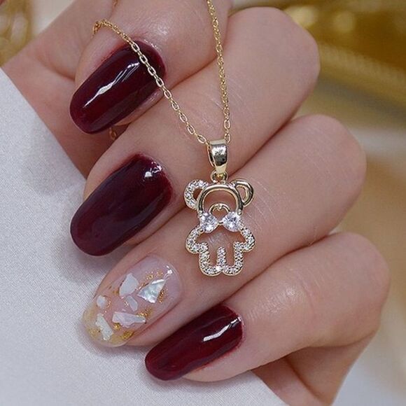 14k Gold Womens Zircon Bear Charm Necklace - Picture 1 of 8